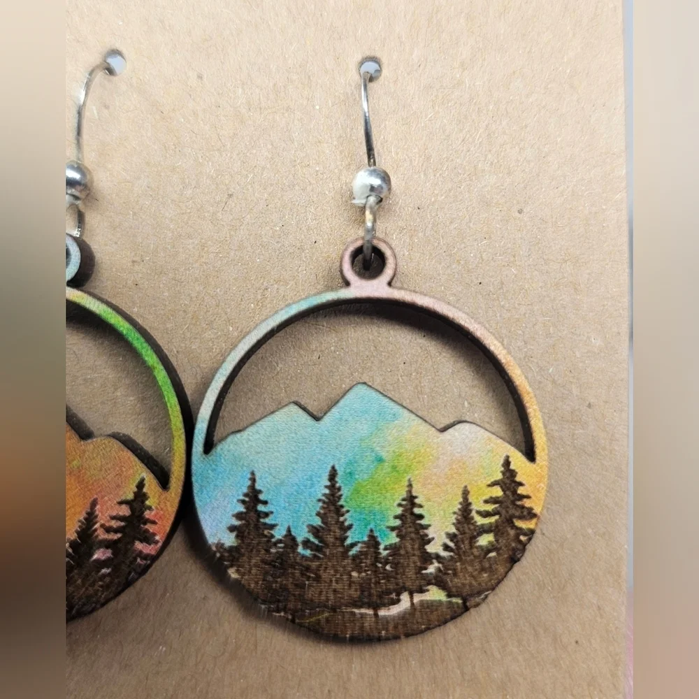 Hand Painted Sunset Mountain Trees Laser Cut Wood Dangle Earrings Round 1" - Picture 3 of 7